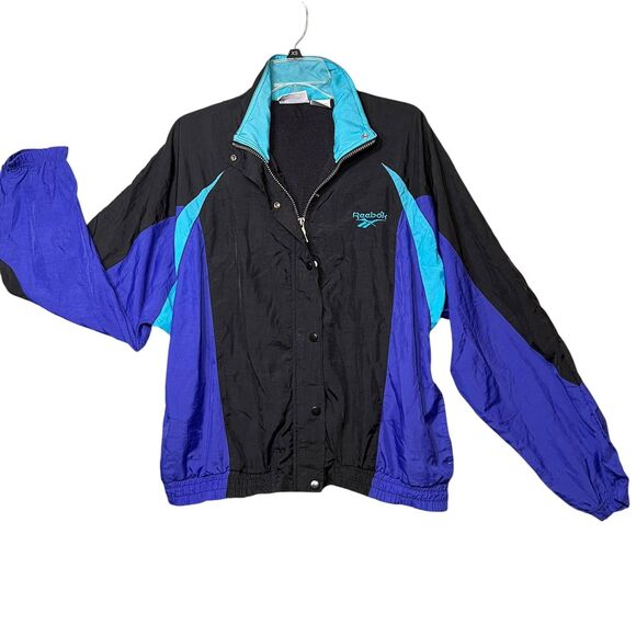 Vintage Reebok Jacket Womens Large Black Purple Blue Windbreaker 90s Track Coat - Picture 12 of 13
